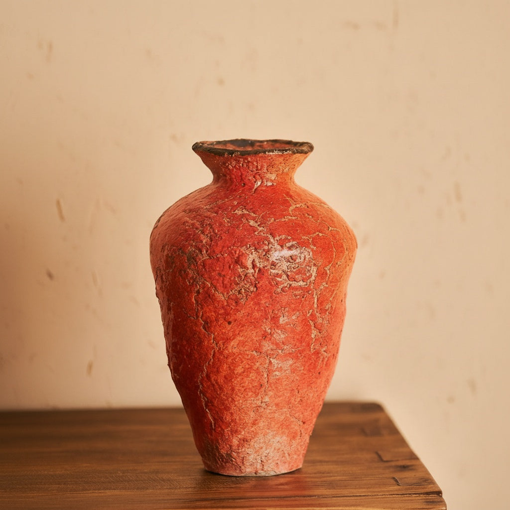 Tall textured orange ceramic vase displayed alone on wooden surface
