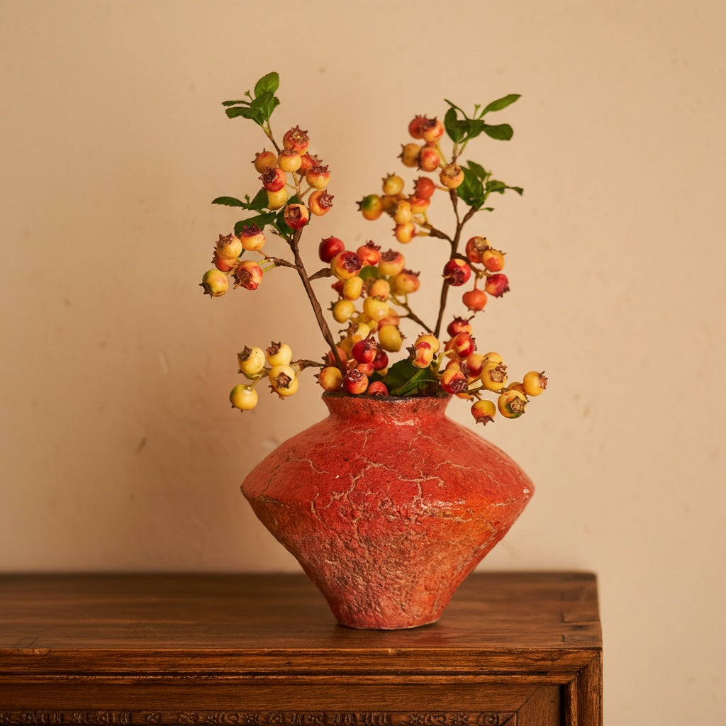 Short textured orange ceramic vase with flowering branches on wooden console