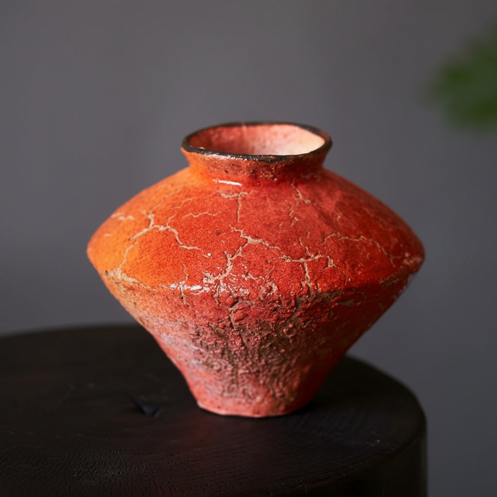 Short textured orange ceramic vase displayed alone against dark background
