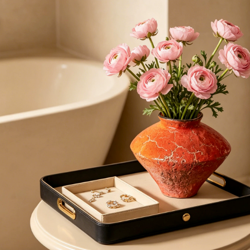 Short orange ceramic vase with pink flowers styled on decorative tray