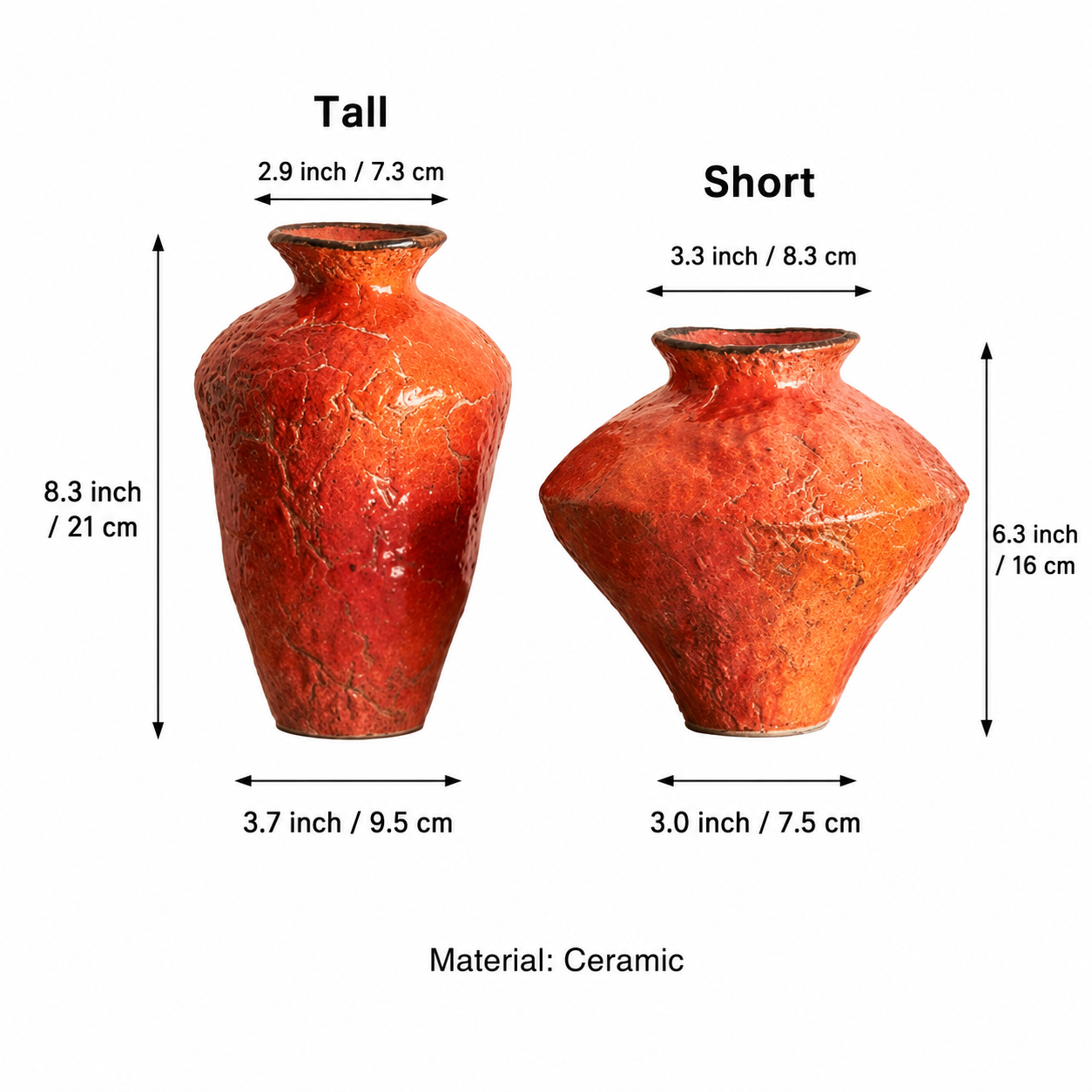 Textured orange ceramic vase size chart showing tall and short styles