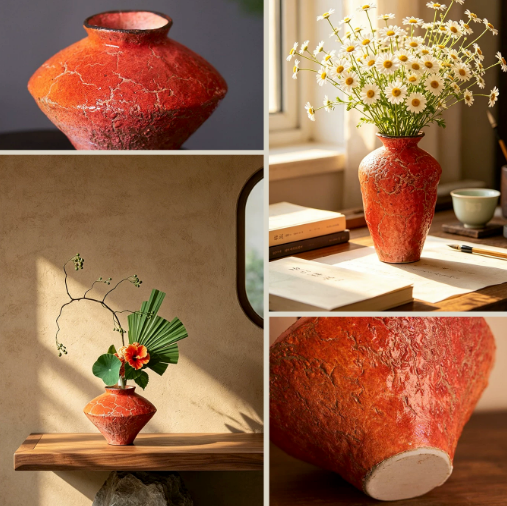 Orange ceramic vase detail collage showing textured finish floral styling and base