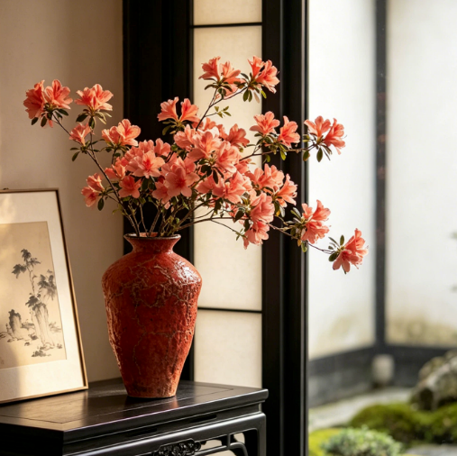 Tall textured orange ceramic vase with peach flowers beside a window