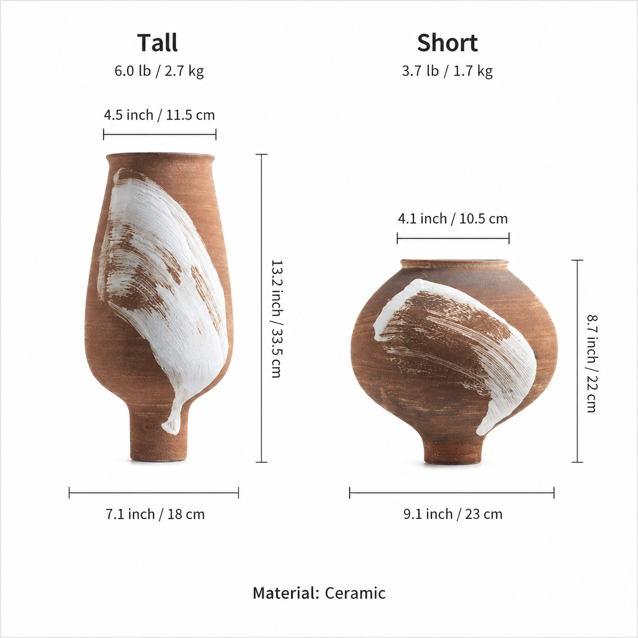 Size chart for Tall and Short terracotta ceramic vases with white brushstroke detail