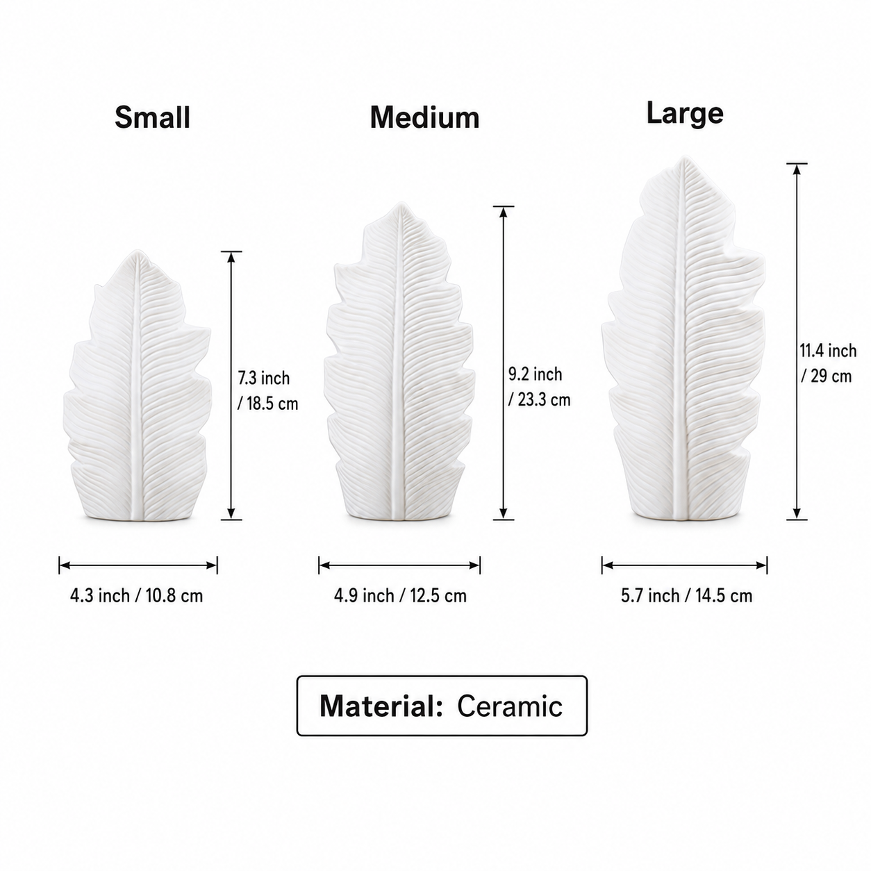 Size chart for small medium and large textured white ceramic leaf vases