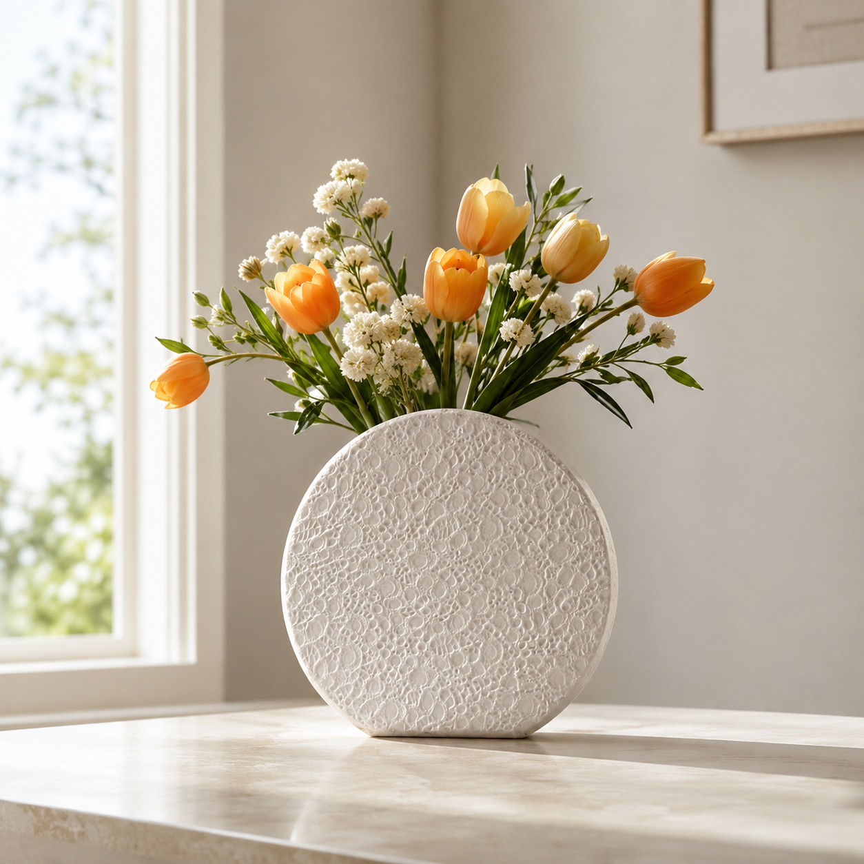 Textured white ceramic round vase with orange tulips near a room window