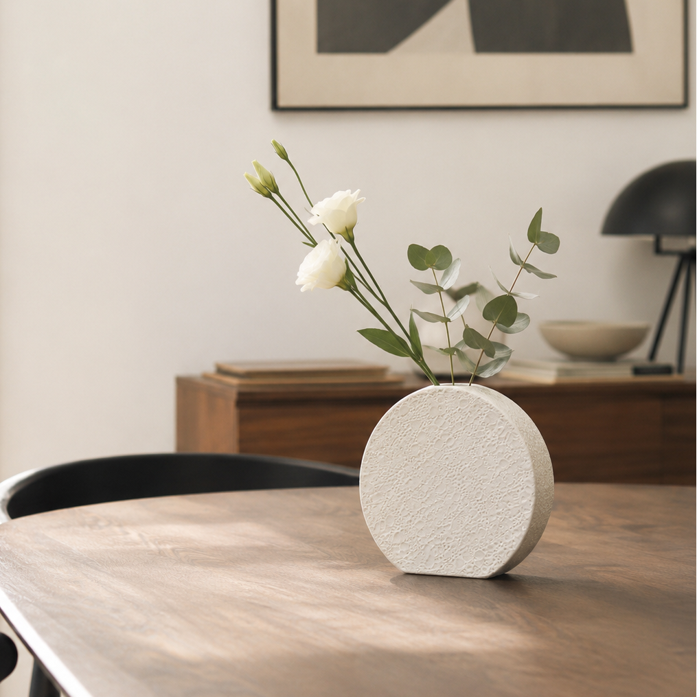 Textured white ceramic round vase with white flowers on a dining table