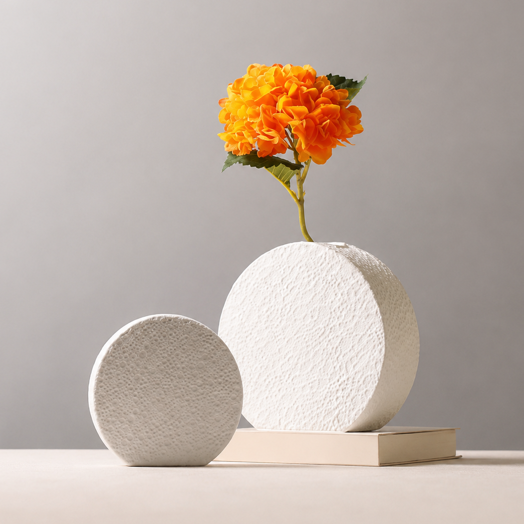 Textured white ceramic round vases with orange flower displayed on a book