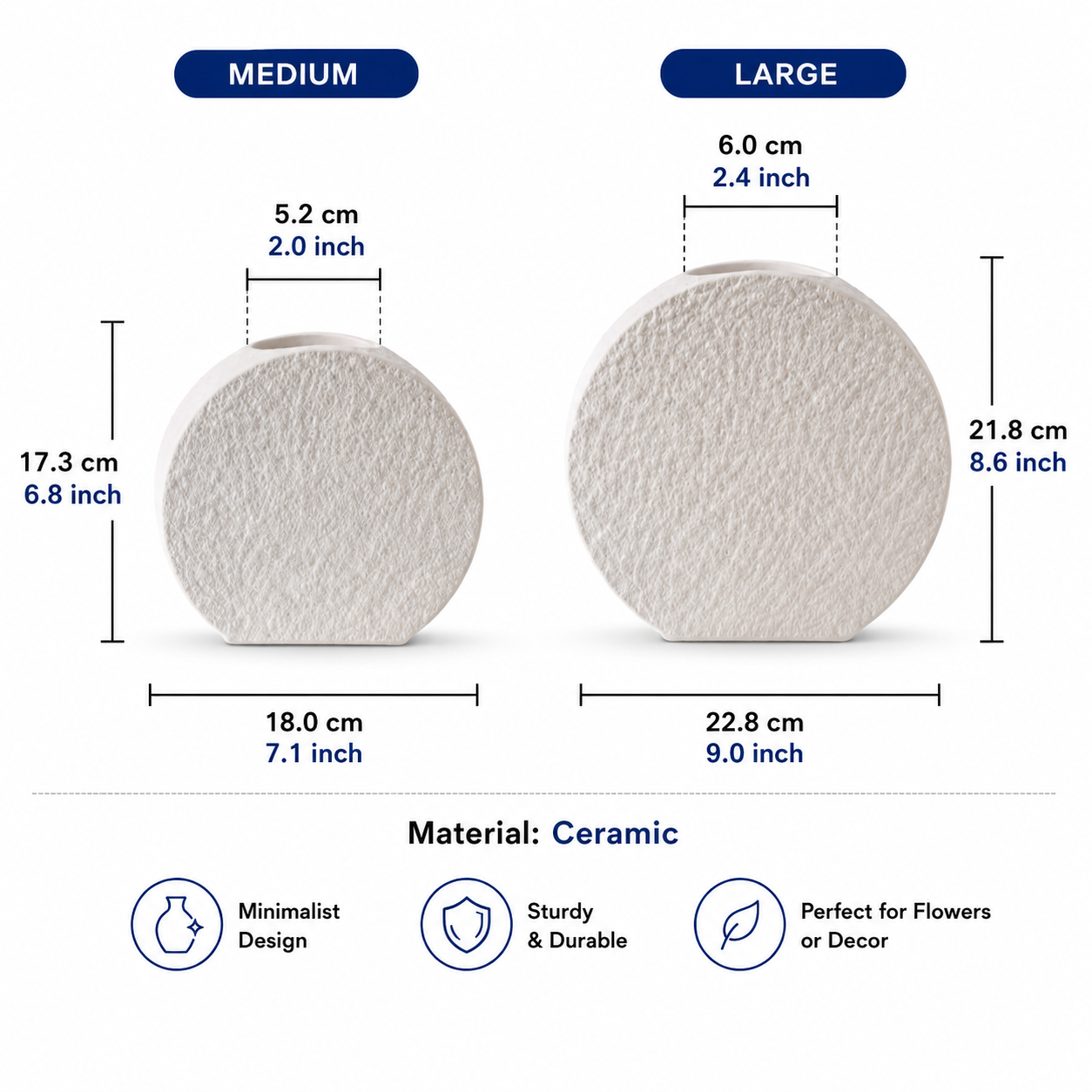 Size chart for medium and large textured white ceramic round vases