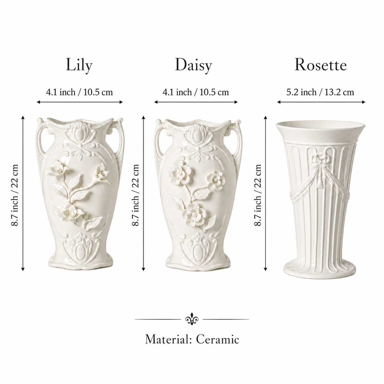 Size chart for Lily Daisy and Rosette white ceramic flower vases