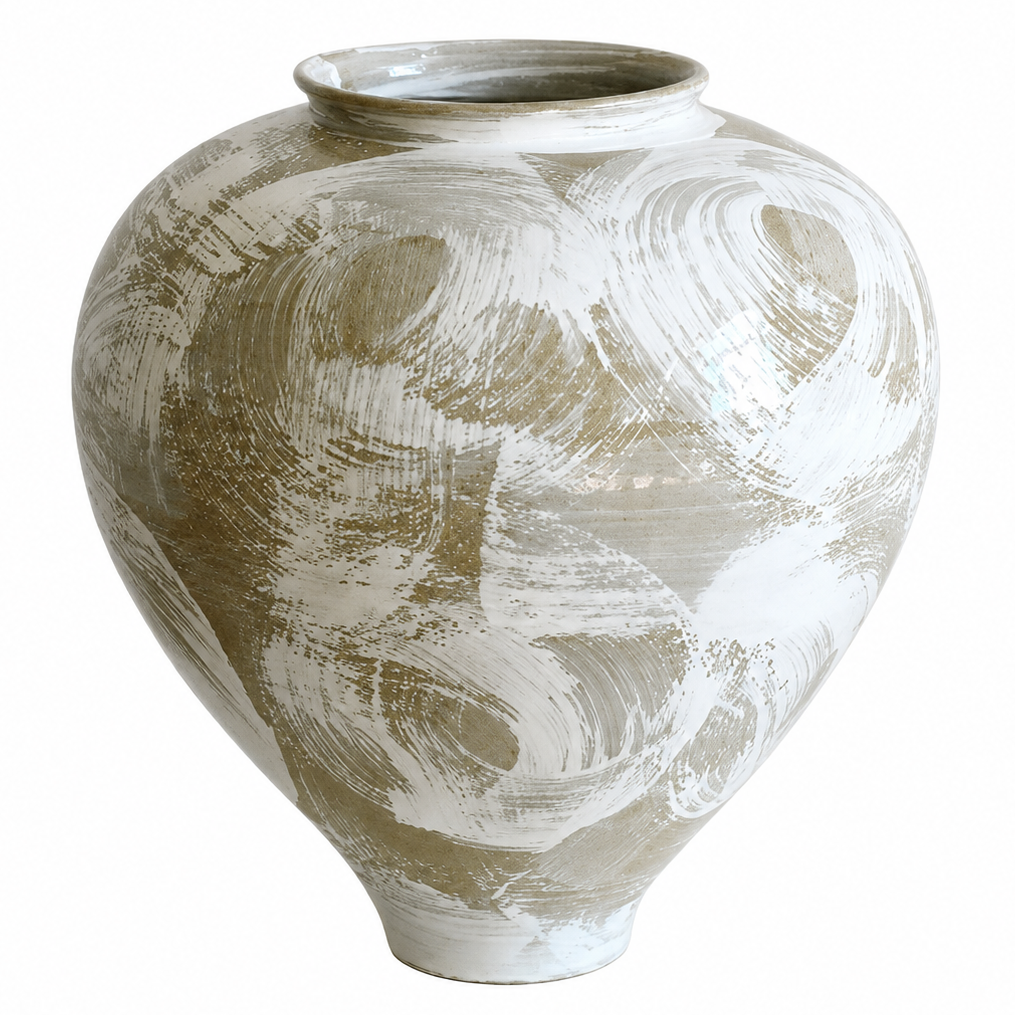 Small rounded ceramic vase with neutral brushstroke pattern and urn-style shape