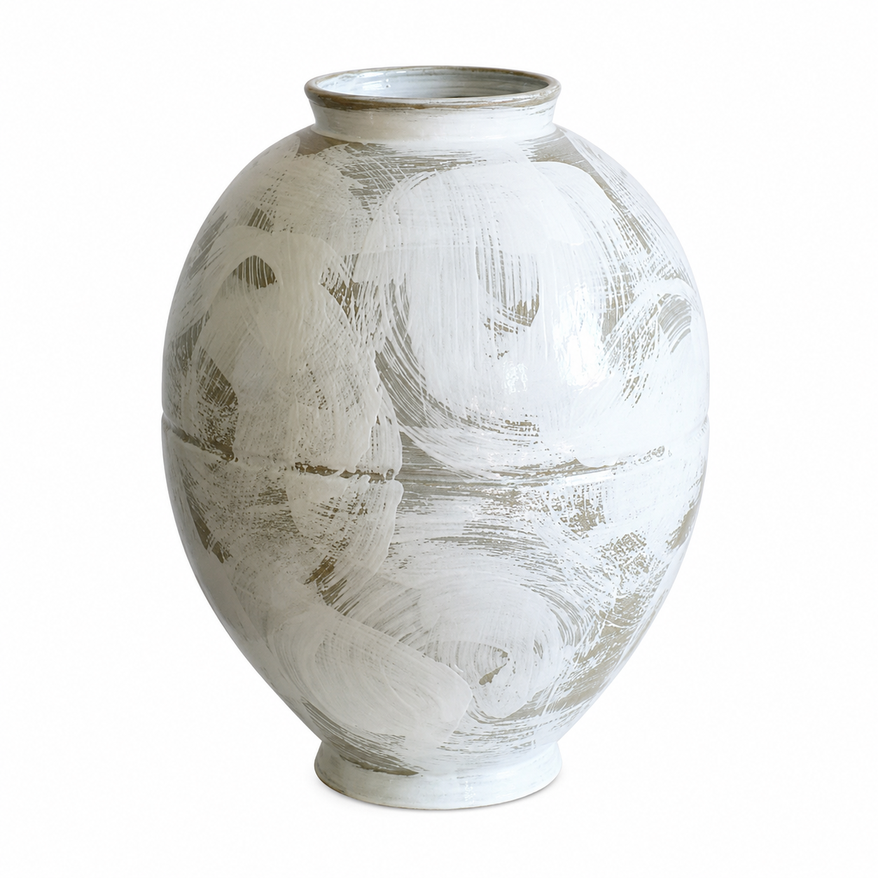 Tall ceramic vase with abstract white brushstroke finish and organic oval silhouette