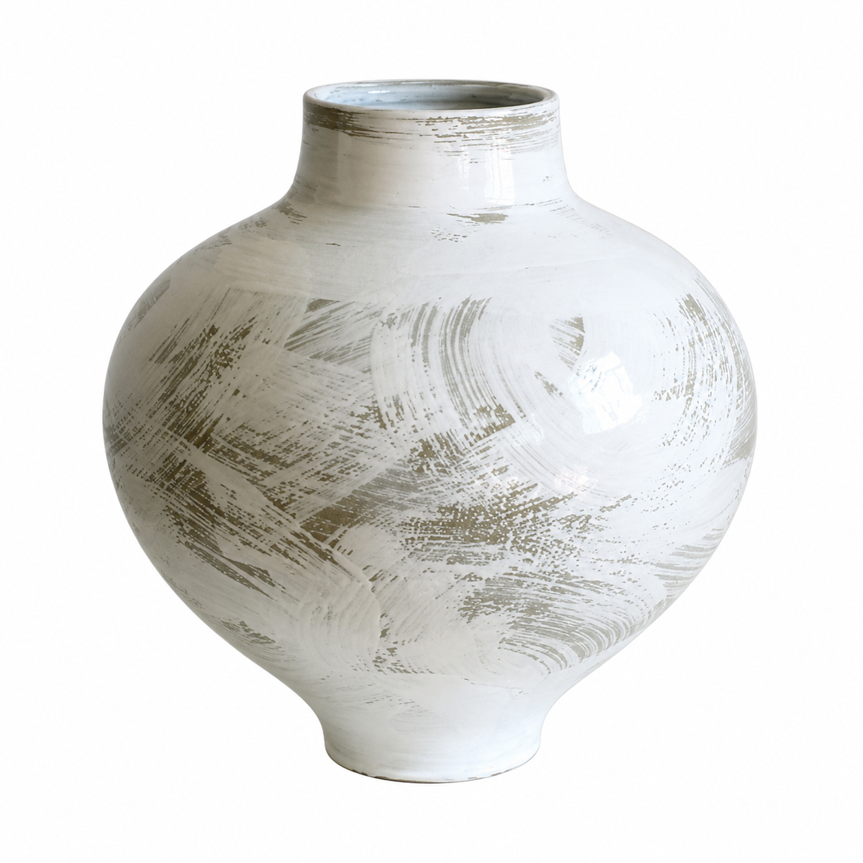 Round ceramic vase with narrow neck and wabi-sabi inspired textured finish