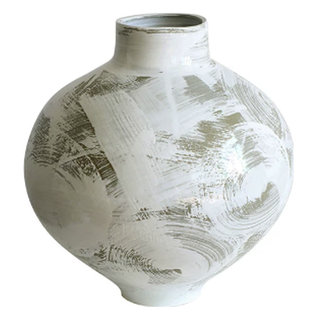 Large rounded ceramic vase with abstract brushstroke pattern on white background