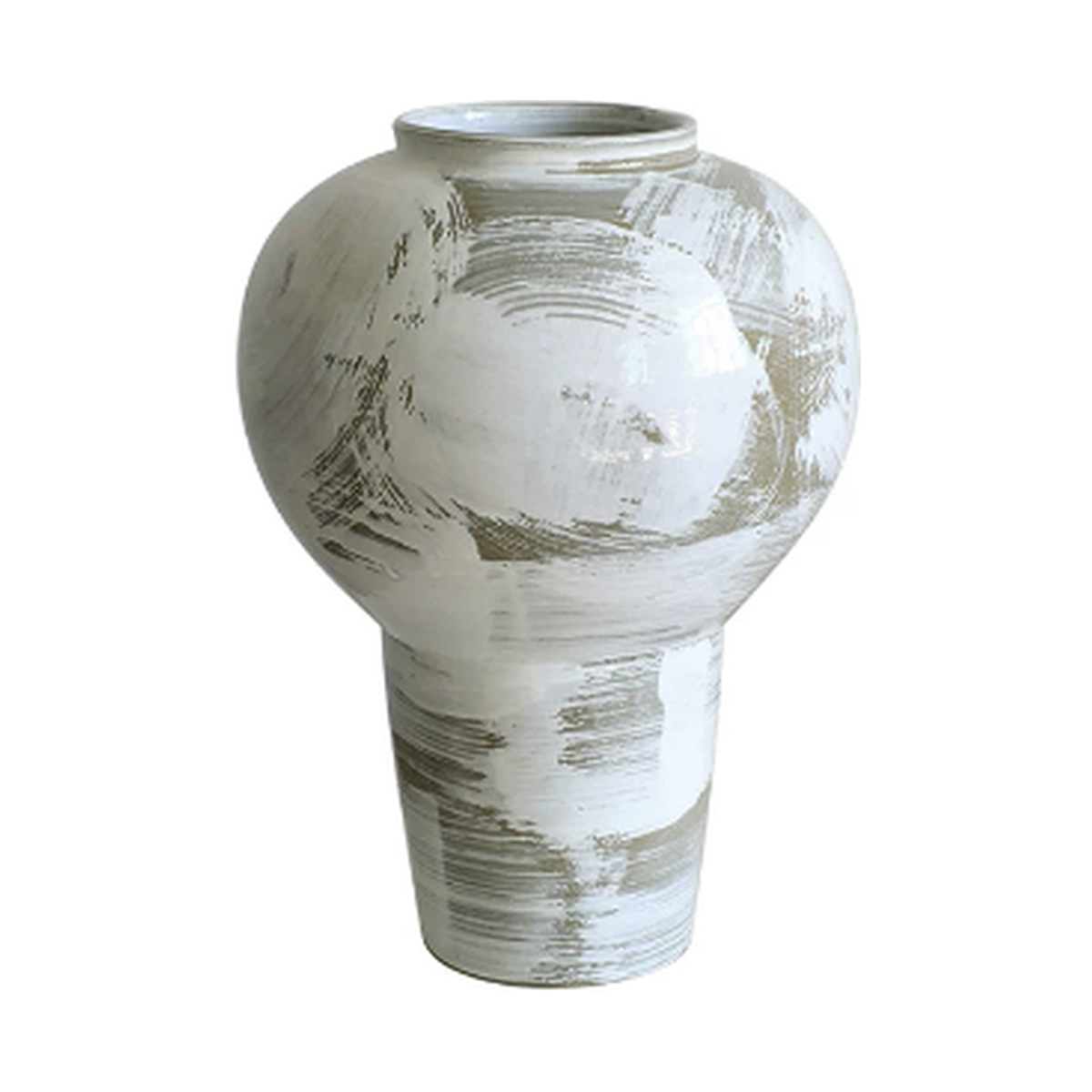 Tall pedestal ceramic vase with rounded top and neutral brushstroke design