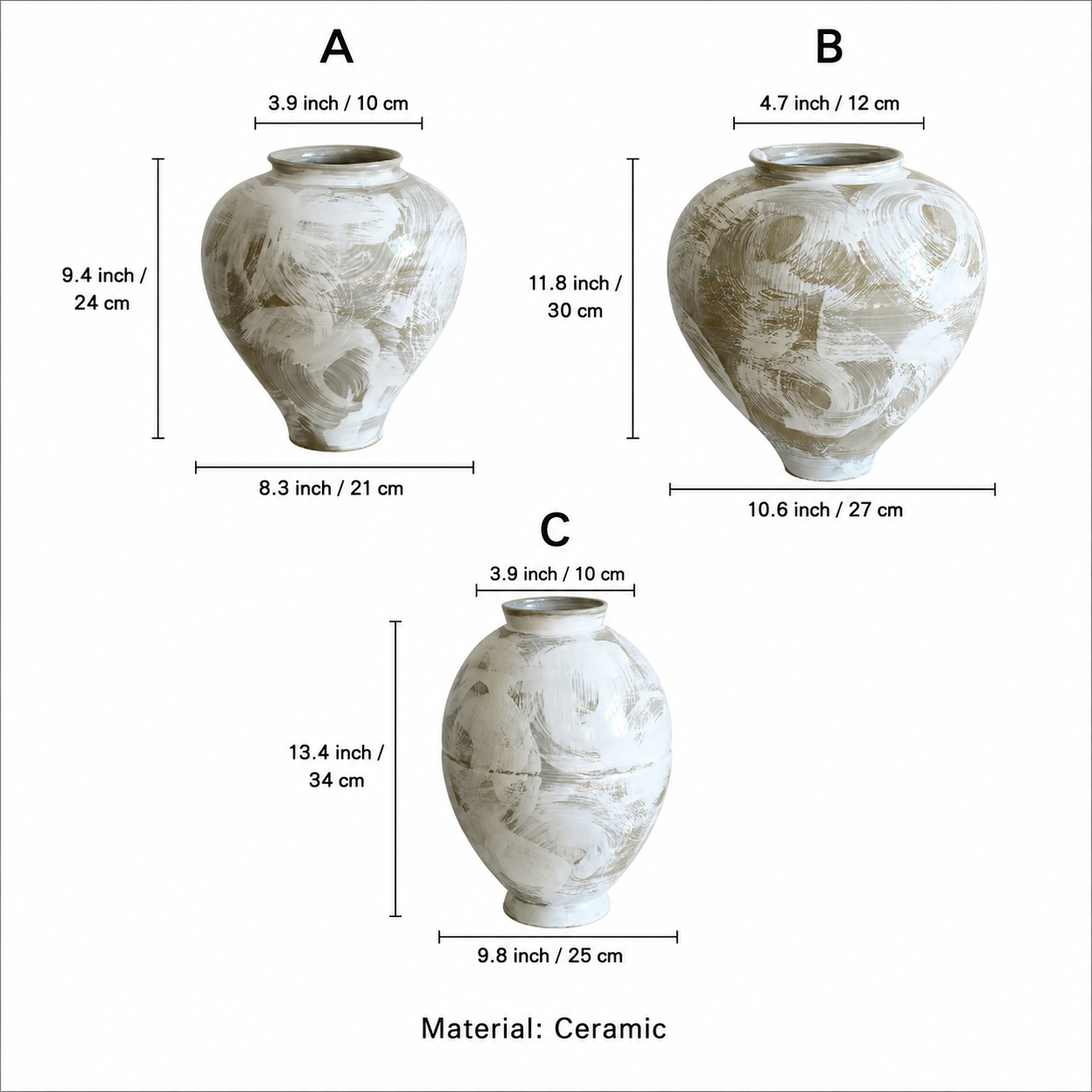 Ceramic vase size chart for variants A, B, and C with inch and cm measurements