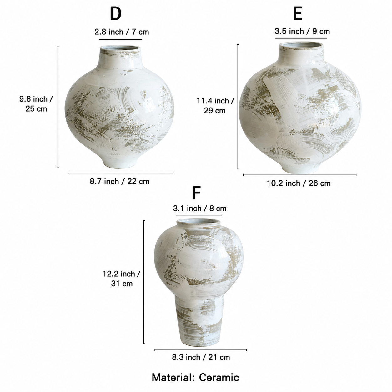 Ceramic vase size chart for variants D, E, and F with inch and cm measurements