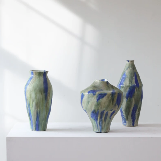 Wabi sabi inspired ceramic vase set with abstract blue and green glaze for artistic home decor