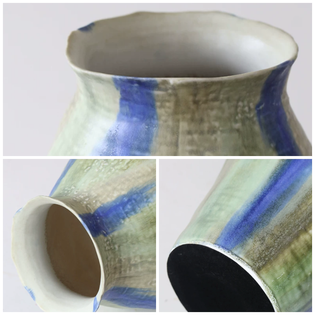 Close-up details of wabi sabi inspired ceramic vase showing rim texture glaze flow and base