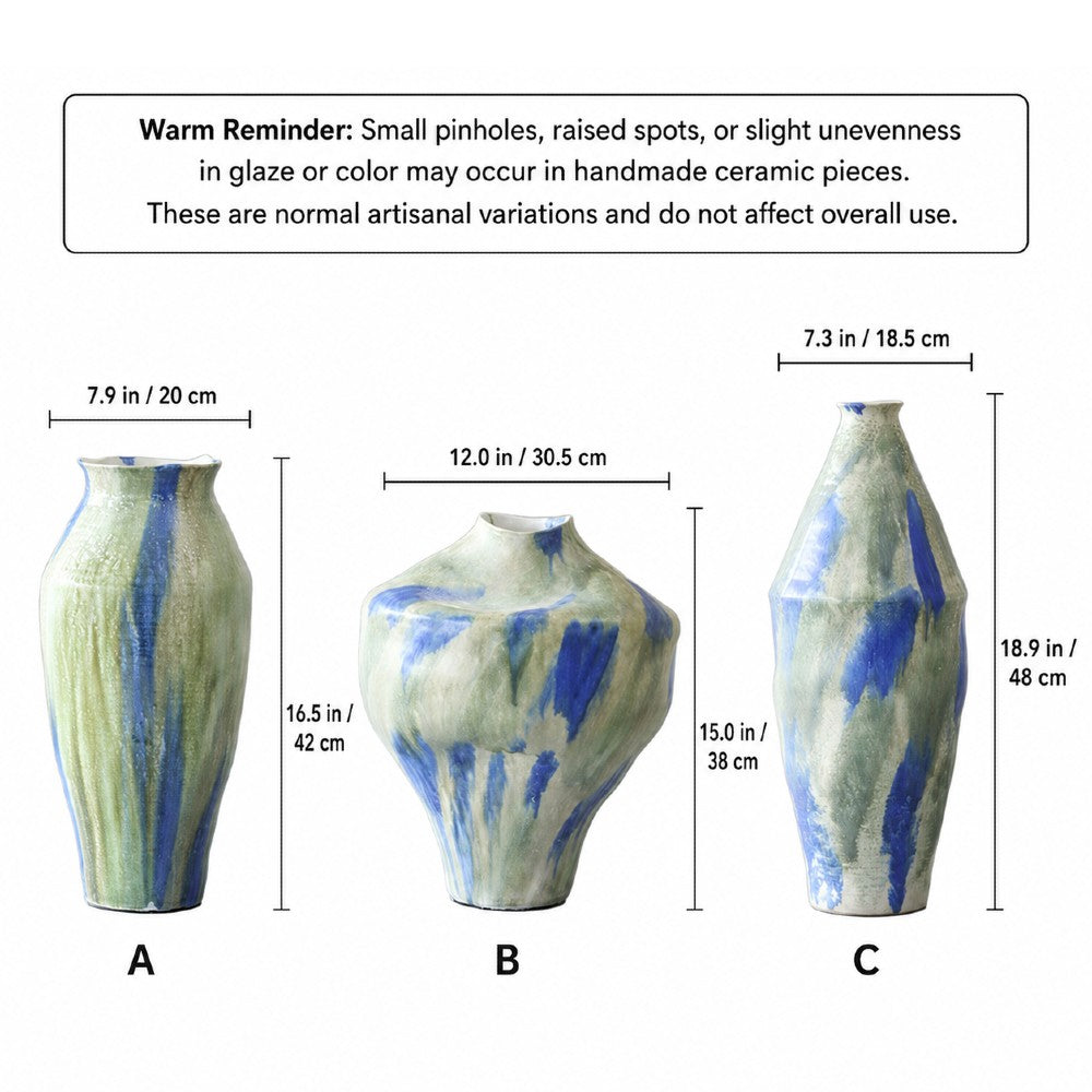Wabi sabi inspired ceramic vase size guide showing A B and C shape options