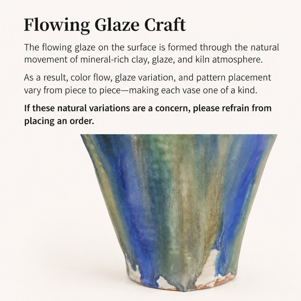 Handmade ceramic vase notice showing natural glaze variation and artisanal character