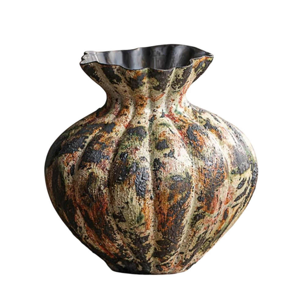 Variant A fluted gourd wabi sabi ceramic vase with vintage inspired abstract glaze