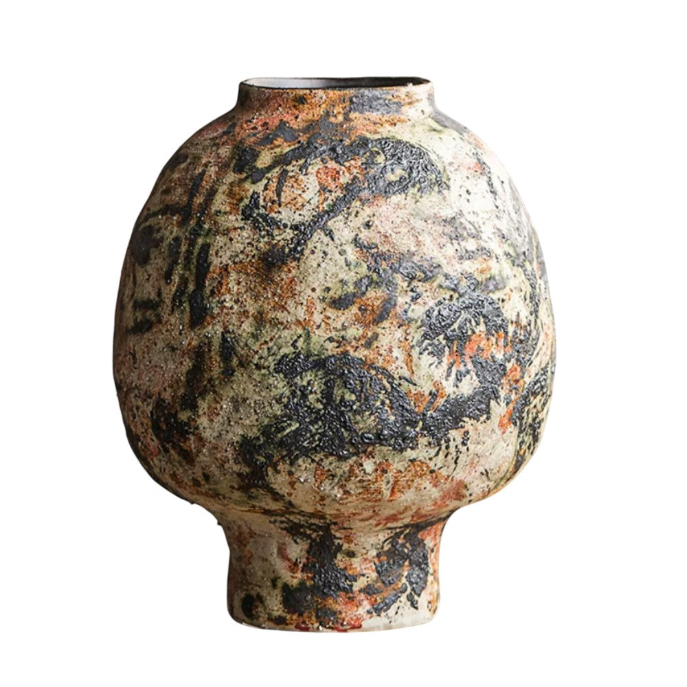 Variant C footed globe ceramic vase with abstract glazed pattern and artisanal texture