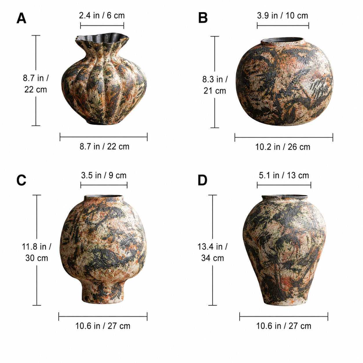 Wabi sabi ceramic vase size chart showing A B C and D shape variants with dimensions