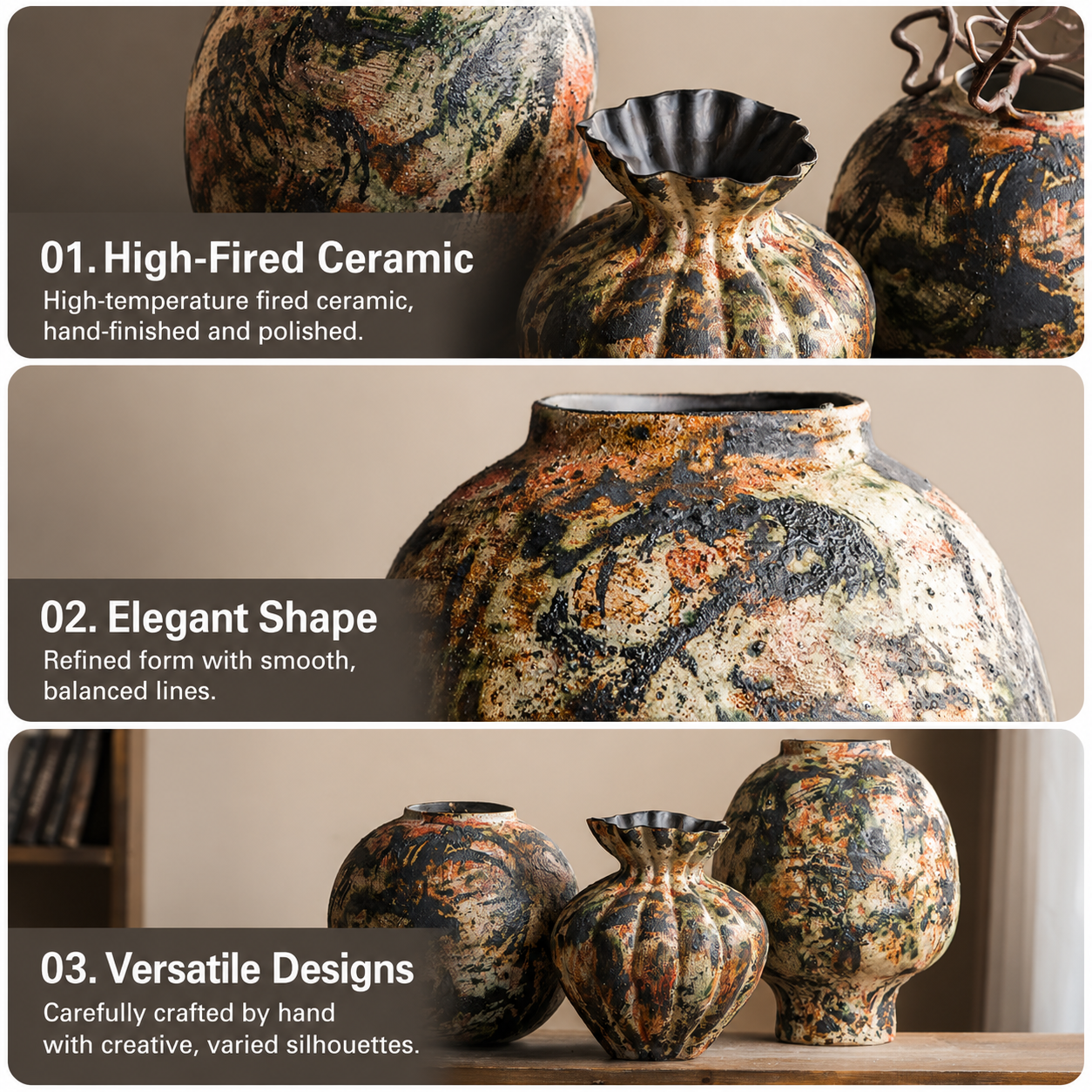 Wabi sabi ceramic vase feature graphic highlighting high fired ceramic elegant shape and versatile designs