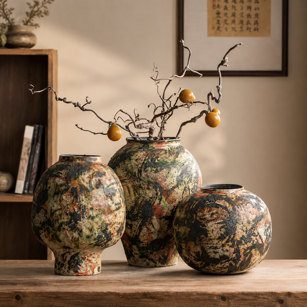 Set of three abstract glazed ceramic vases styled with branches for earthy home decor