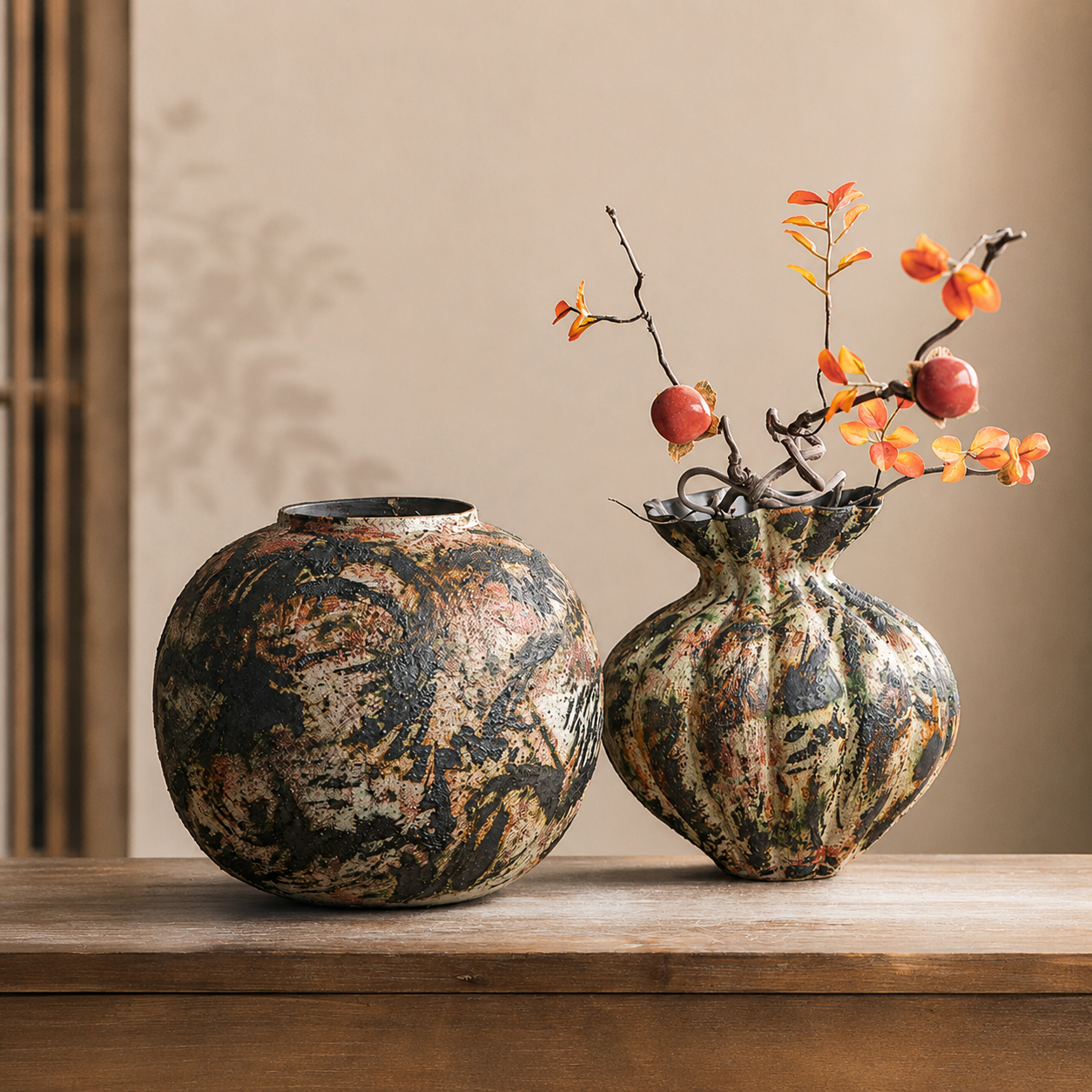 Rustic ceramic vases with orange botanical branches on a wooden console table