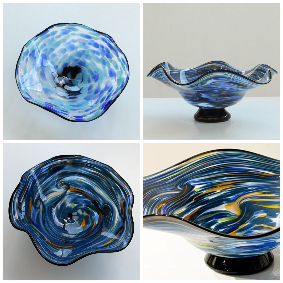 Art glass centerpiece bowl collage showing blue and multicolor swirl patterns from multiple angles