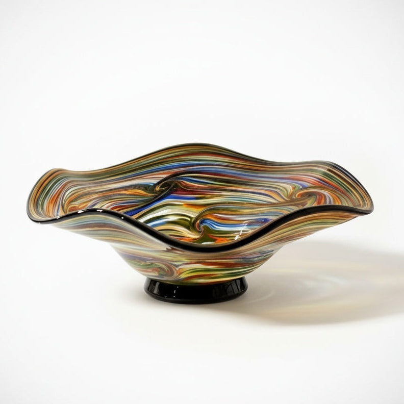 Multicolor Large wavy art glass centerpiece bowl on white background