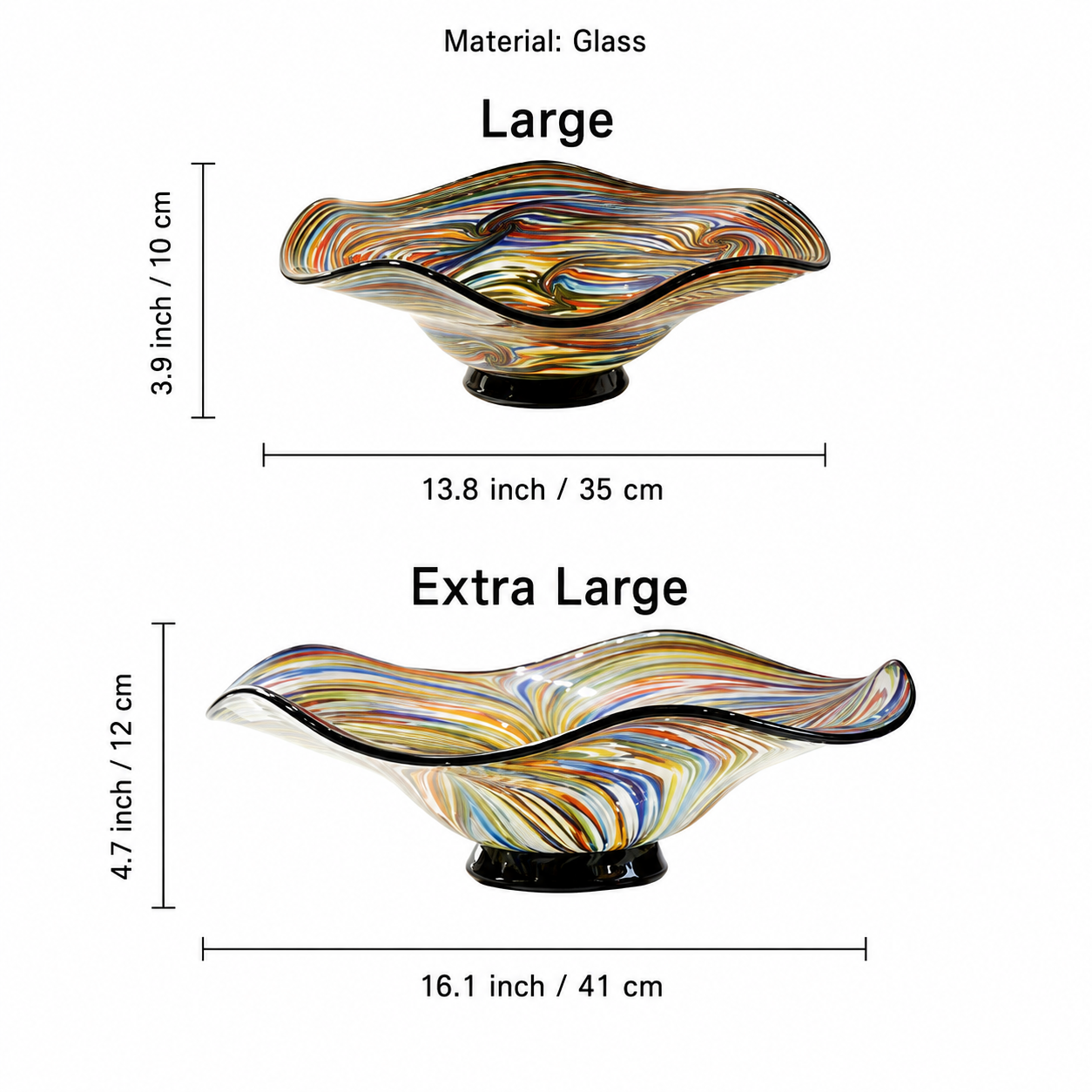 Large and Extra Large multicolor wavy art glass centerpiece bowl measurement guide
