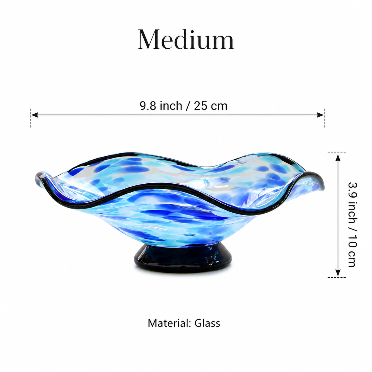 Medium light blue wavy glass centerpiece bowl measurement guide