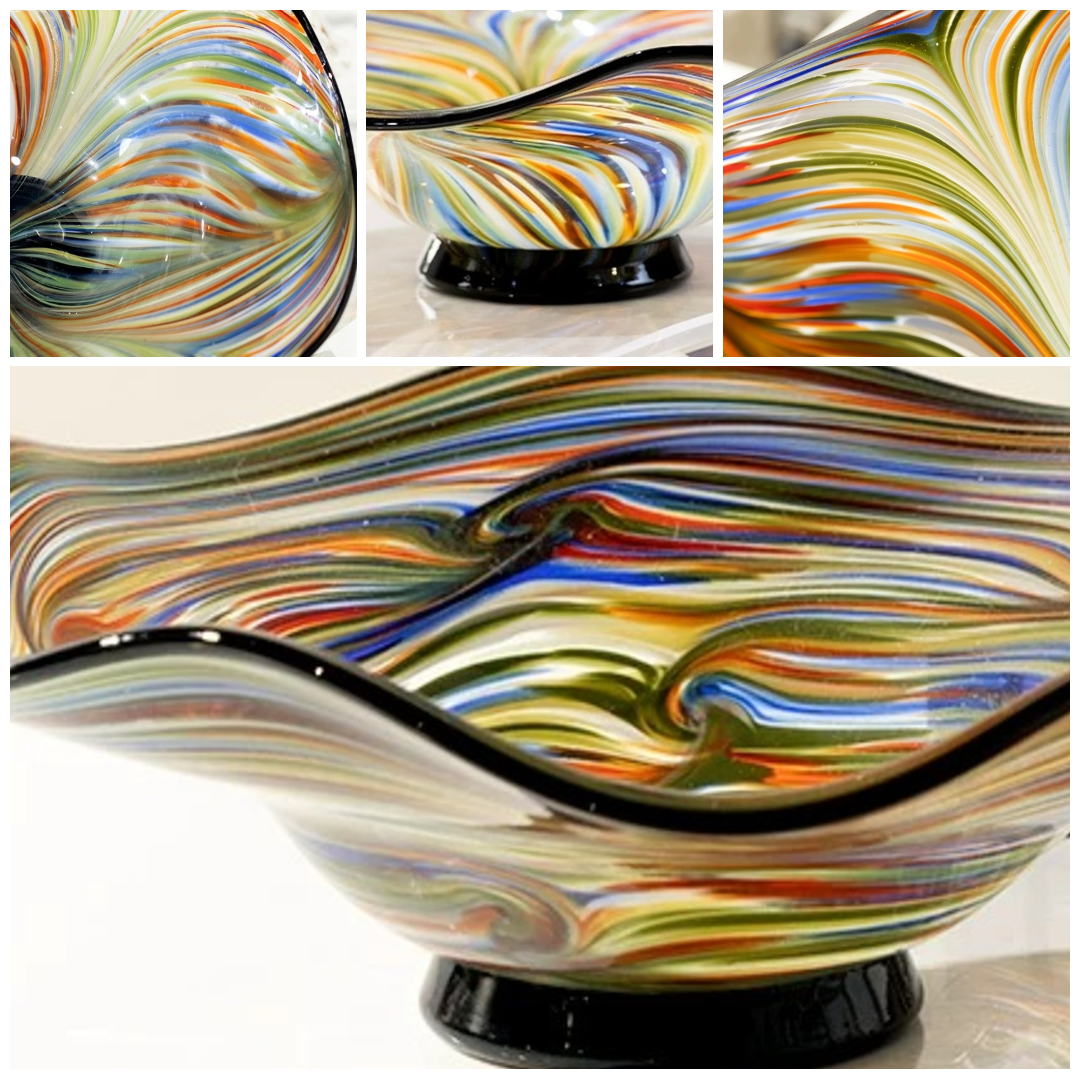Close up collage of multicolor art glass bowl showing swirling pattern wavy rim and pedestal base