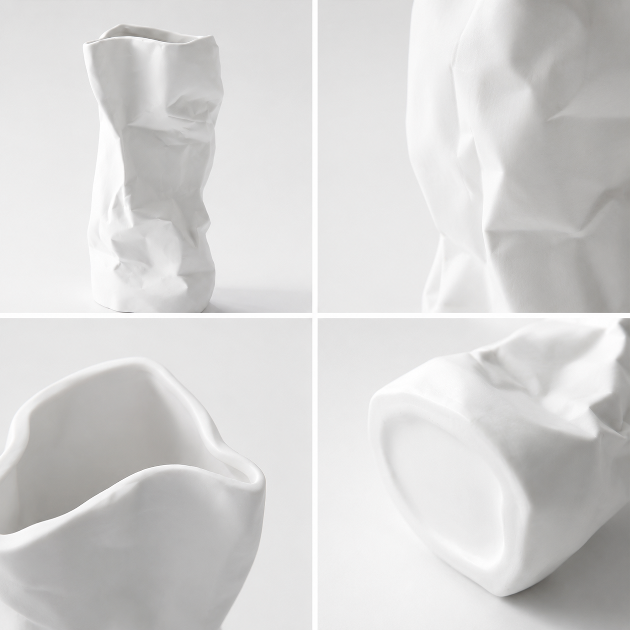 Feature collage showing white ceramic crumpled vase texture, opening, and base details