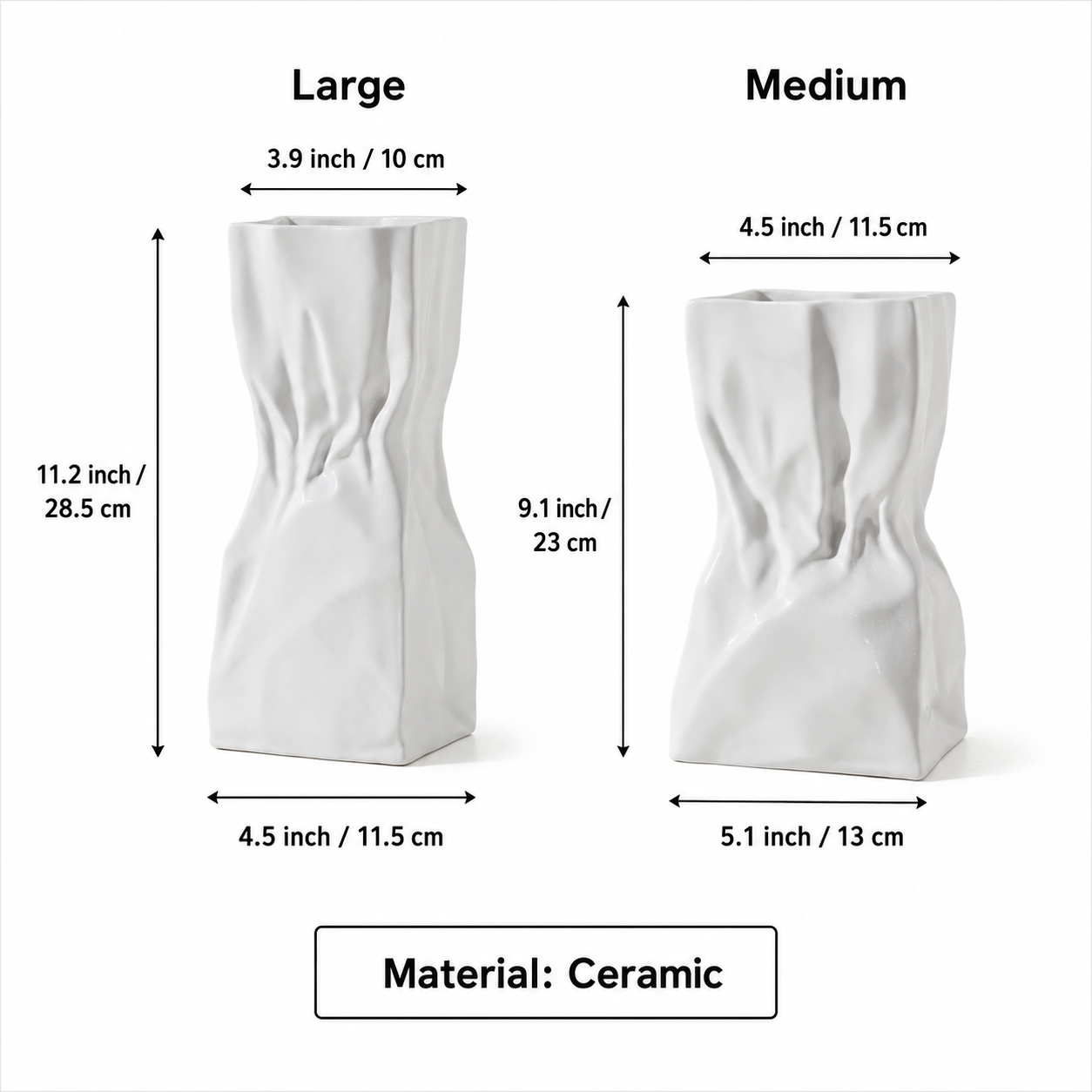 Size chart for large and medium white ceramic crumpled vases