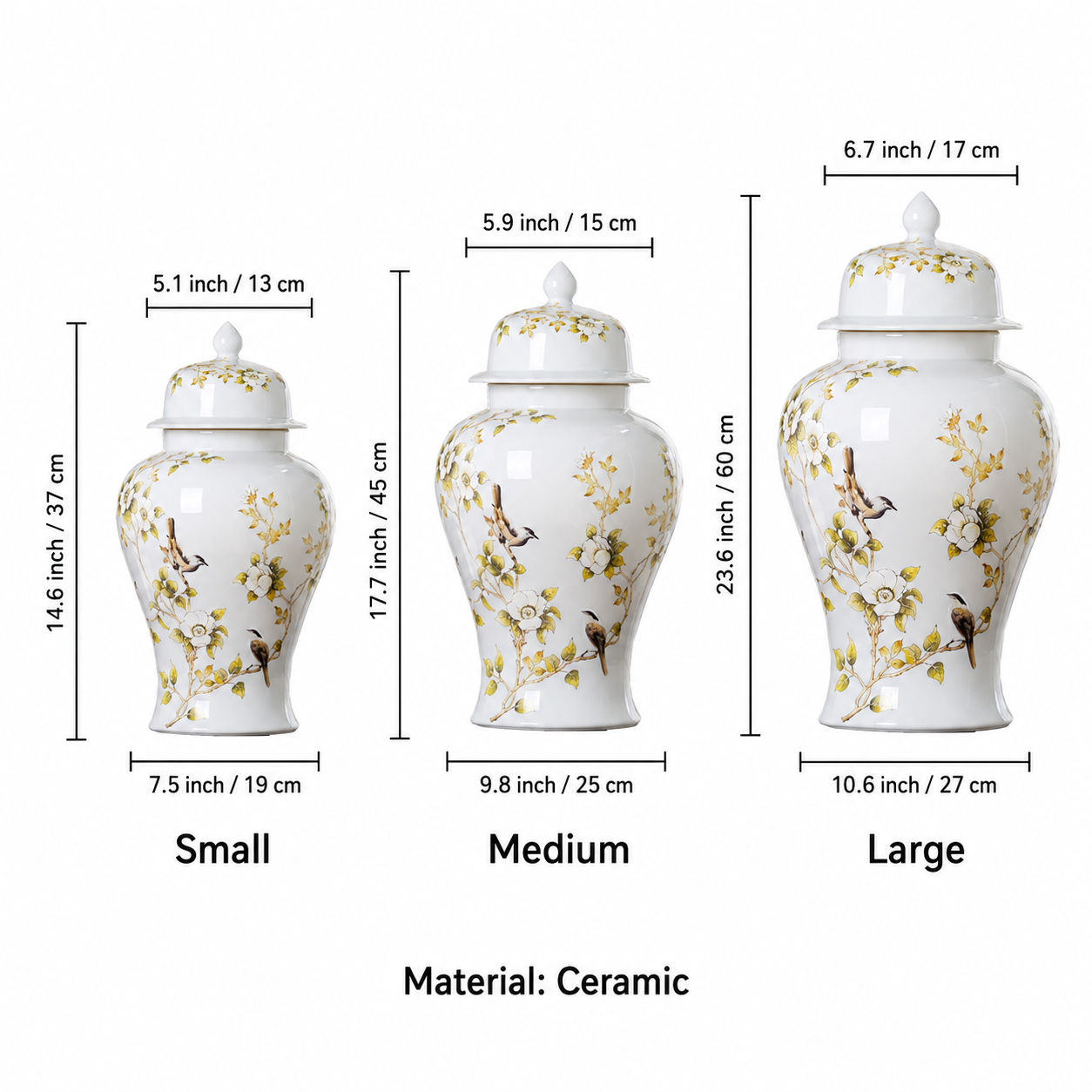White ceramic ginger jar size guide showing Small Medium and Large dimensions