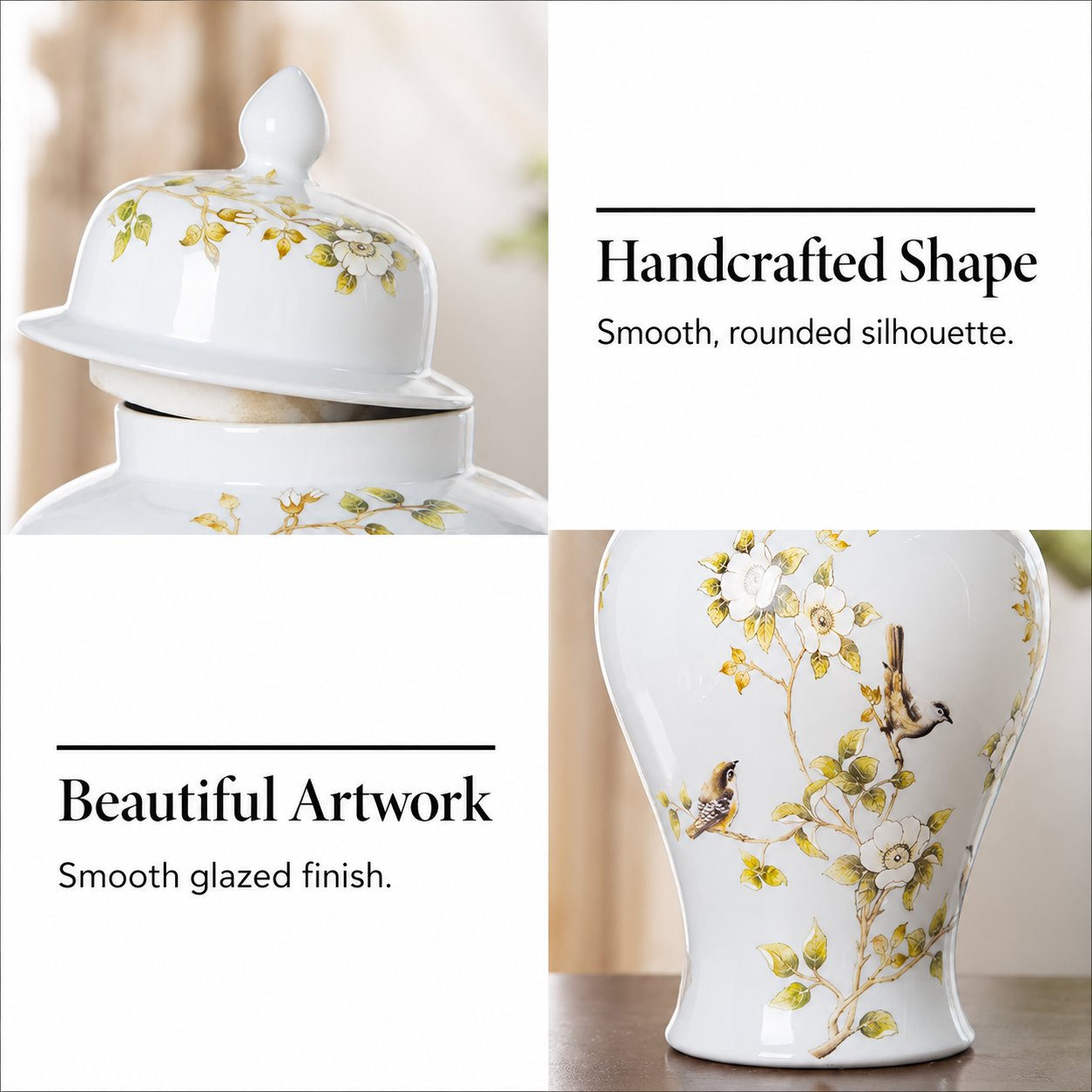 White ceramic ginger jar feature guide showing handcrafted lid, glossy finish, and floral bird artwork