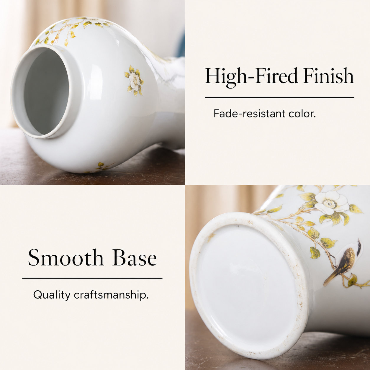 White ceramic ginger jar feature guide showing high-fired finish and smooth ceramic base