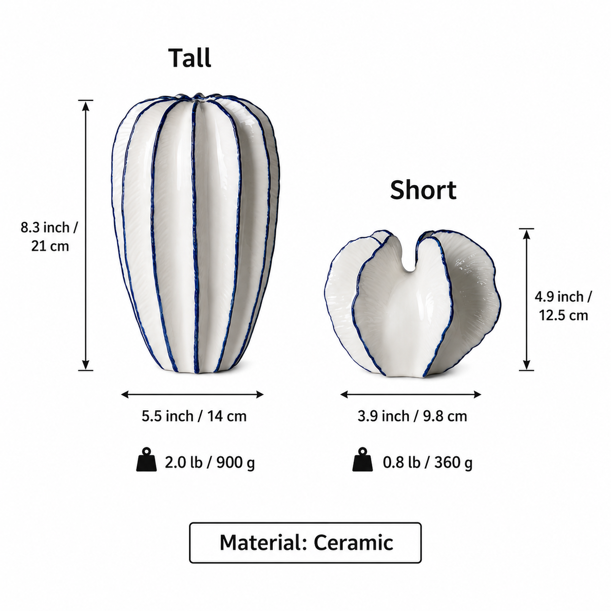 Size chart for tall and short white ceramic petal vases with blue trim