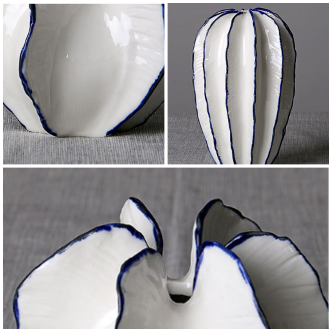Detail collage of white ceramic petal vases showing blue trim, base, and opening