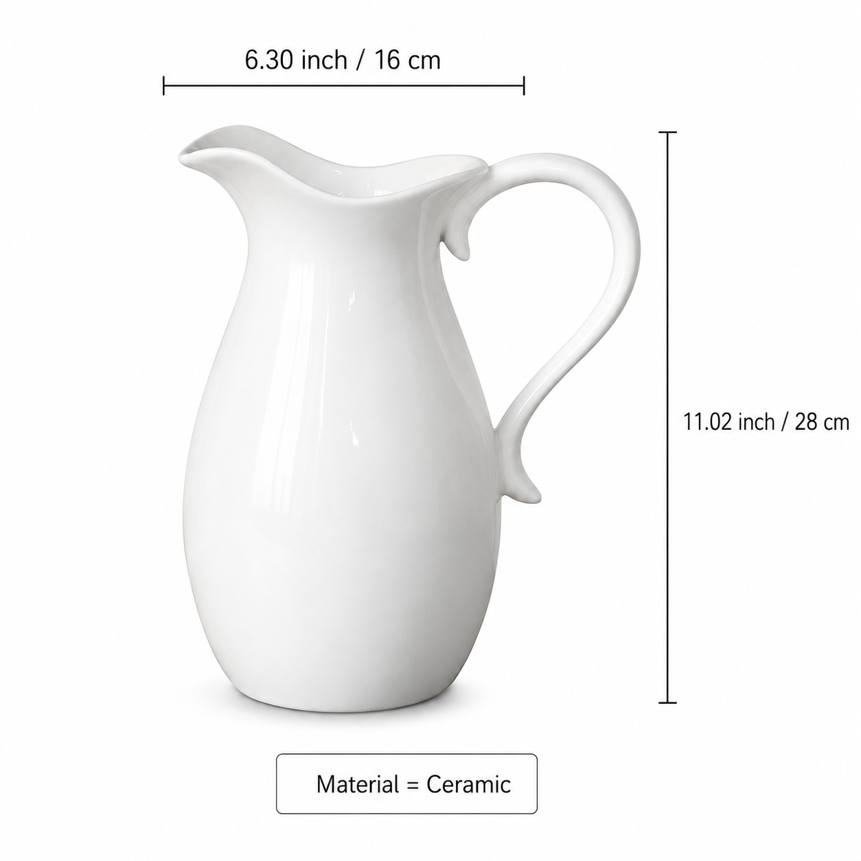 White ceramic pitcher with dimensions labeled on a white background