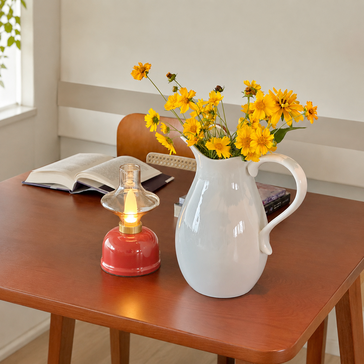 White ceramic pitcher vase with yellow flowers, lamp, and book on wooden table