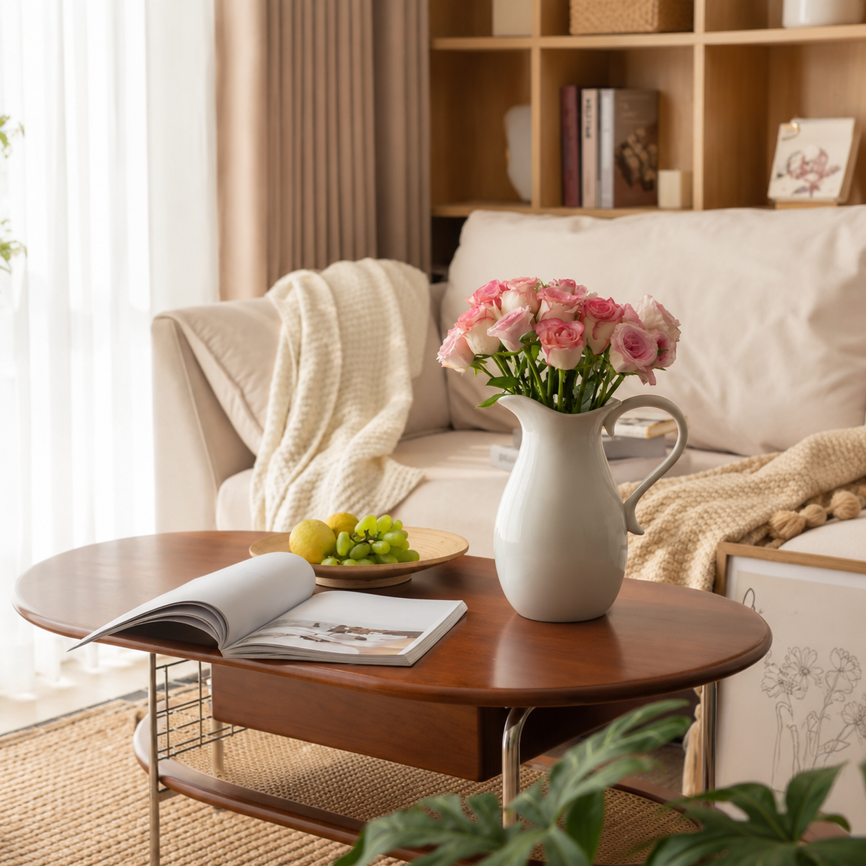 White ceramic pitcher vase with pink roses on coffee table in cozy living room