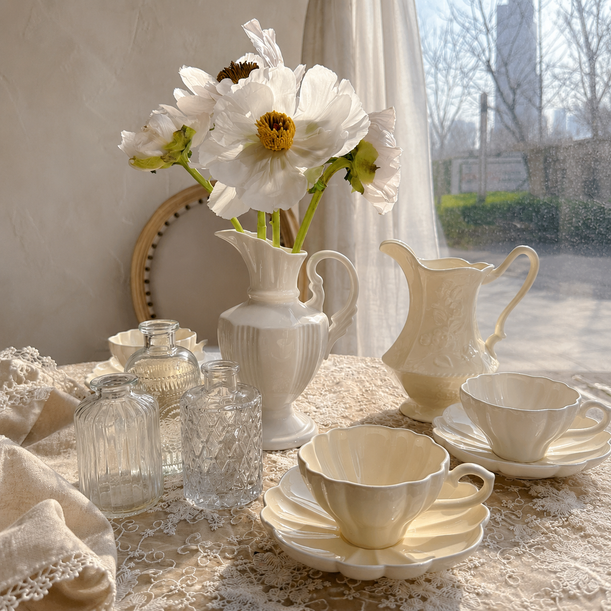 White ceramic pitcher vase with white flowers in elegant sunlit table setting