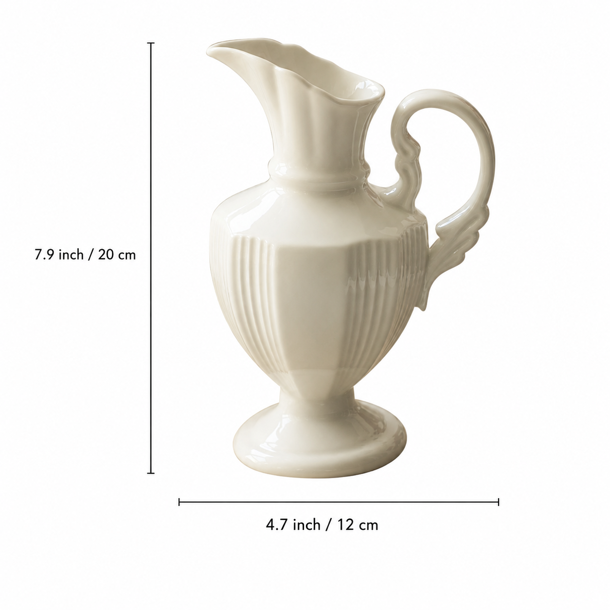 Product size image for white ceramic pitcher vase with handle, fluted body, and pedestal base
