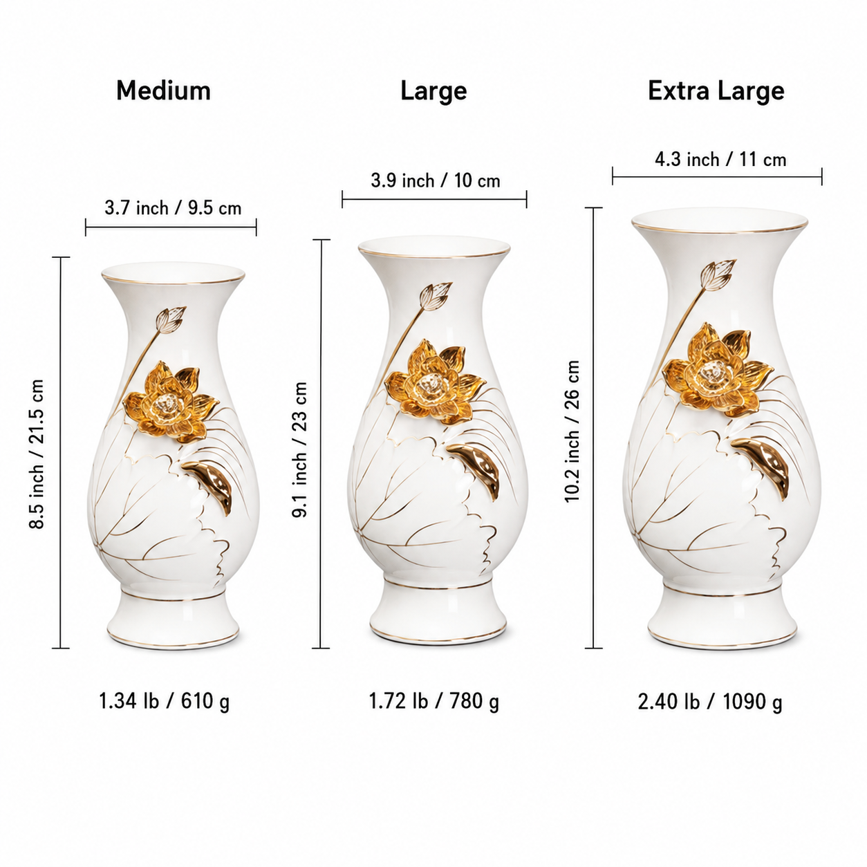 White ceramic gold lotus vase size chart showing Medium, Large, and Extra Large variants