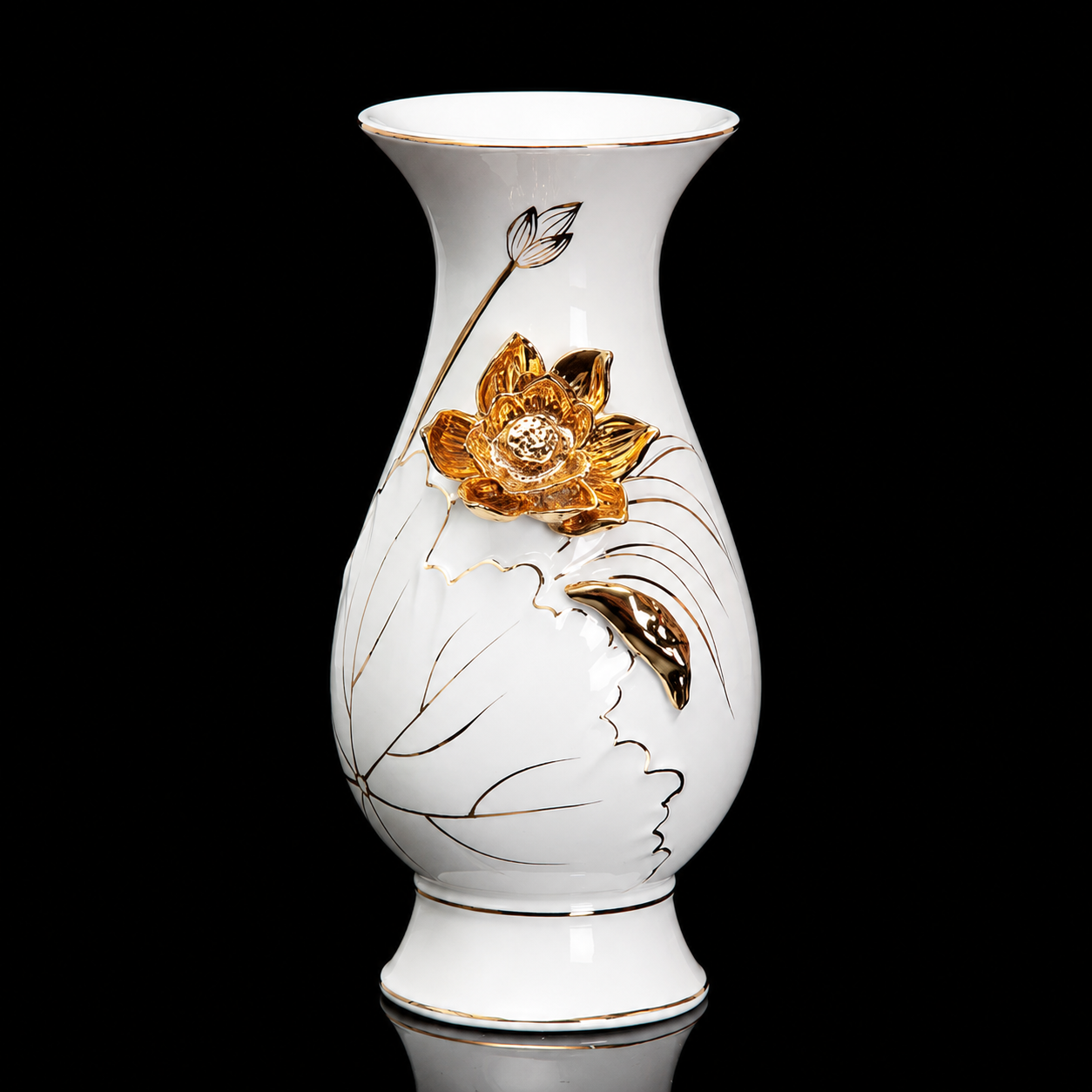 Front view of white ceramic vase with 3D gold lotus flower and gold botanical linework